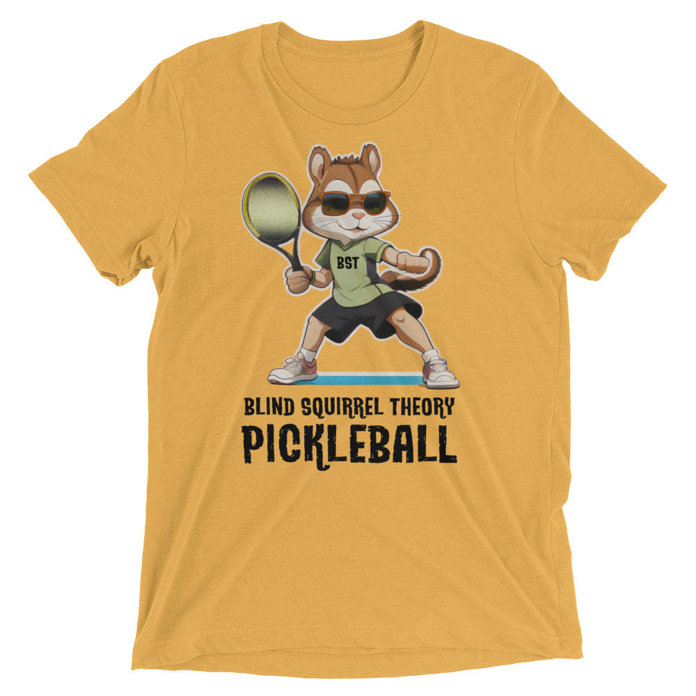 Mustard Unisex Triblend T-Shirt with Blind Squirrel Theory Pickleball Logo on Front