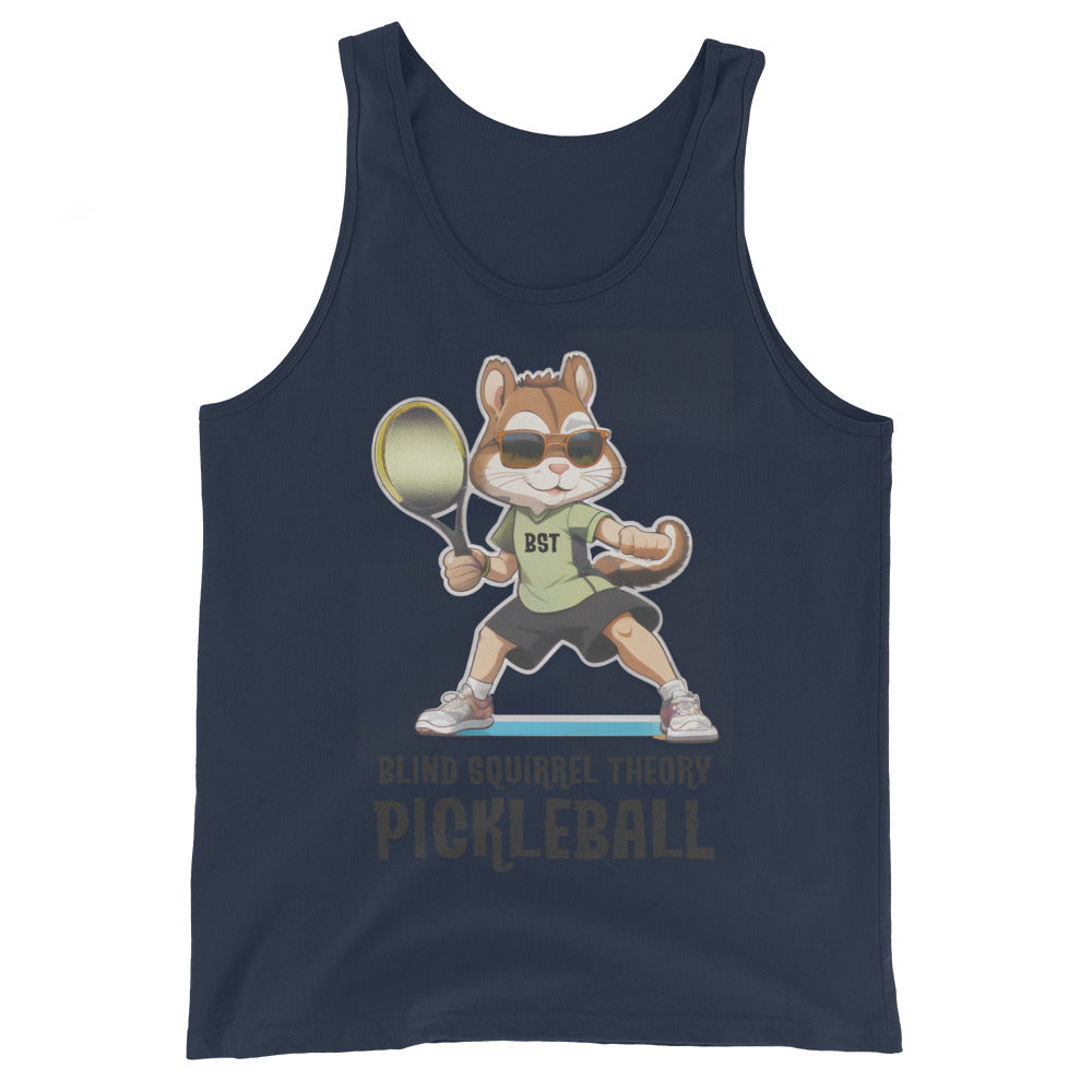 Navy Men's Staple Tank Top with Blind Squirrel Theory Pickleball Logo on Front