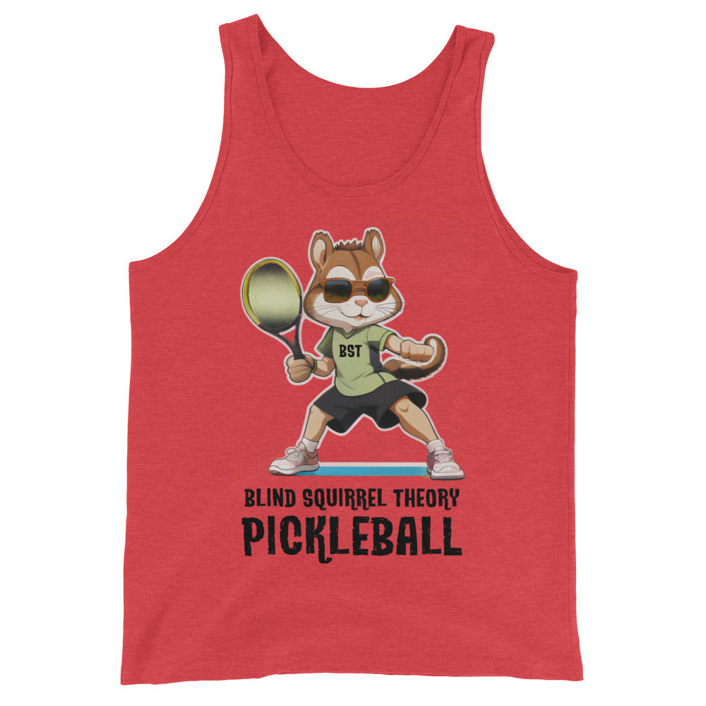 Red Men's Staple Tank Top with Blind Squirrel Theory Pickleball Logo on Front