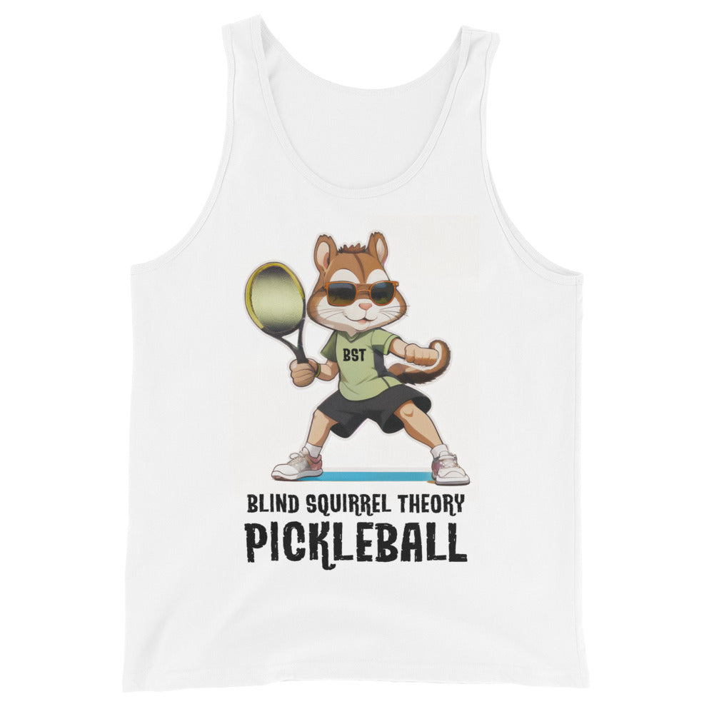 White Men's Staple Tank Top with Blind Squirrel Theory Pickleball Logo on Front