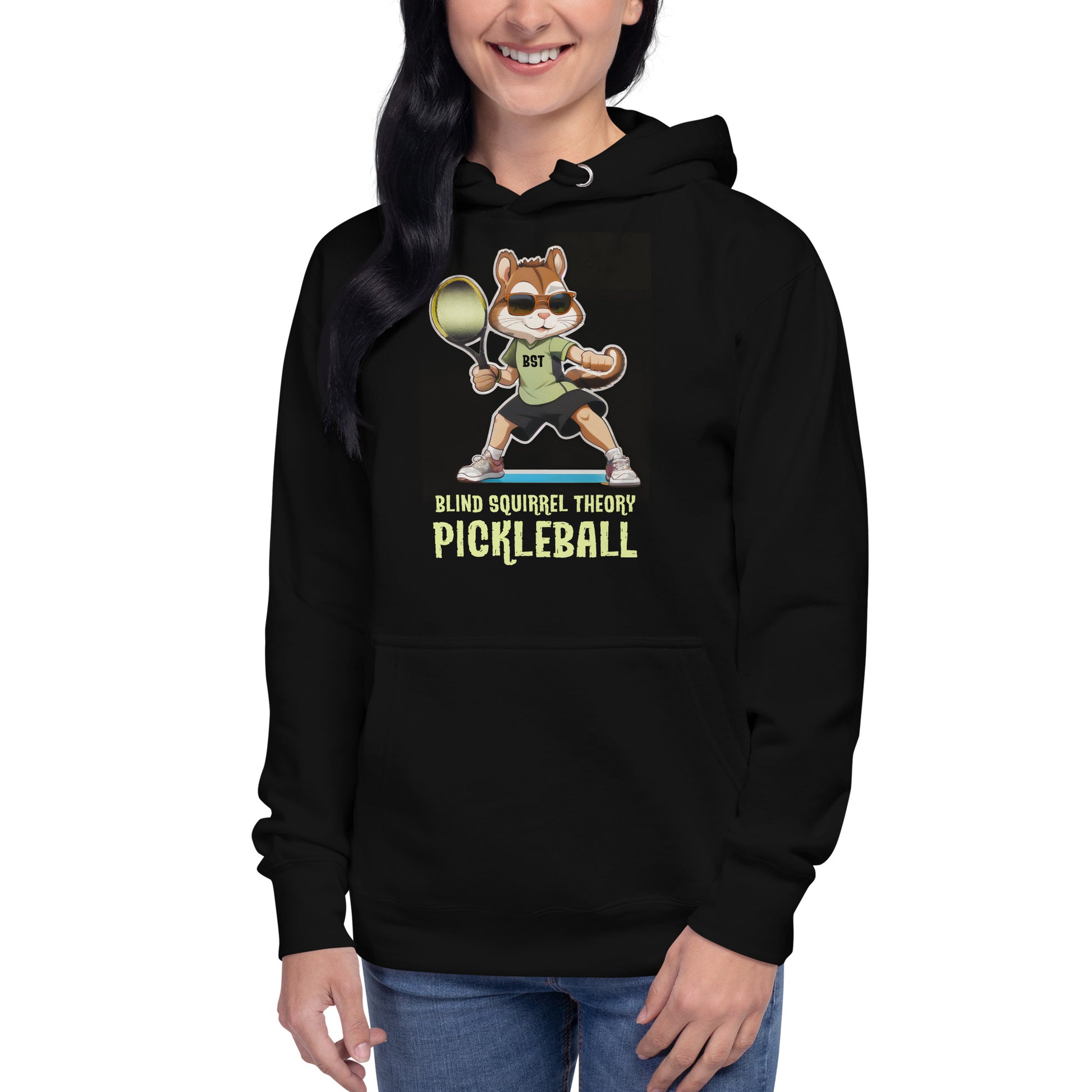 Black Unisex Premium Hoodie with Blind Squirrel Theory Pickleball Logo on Front