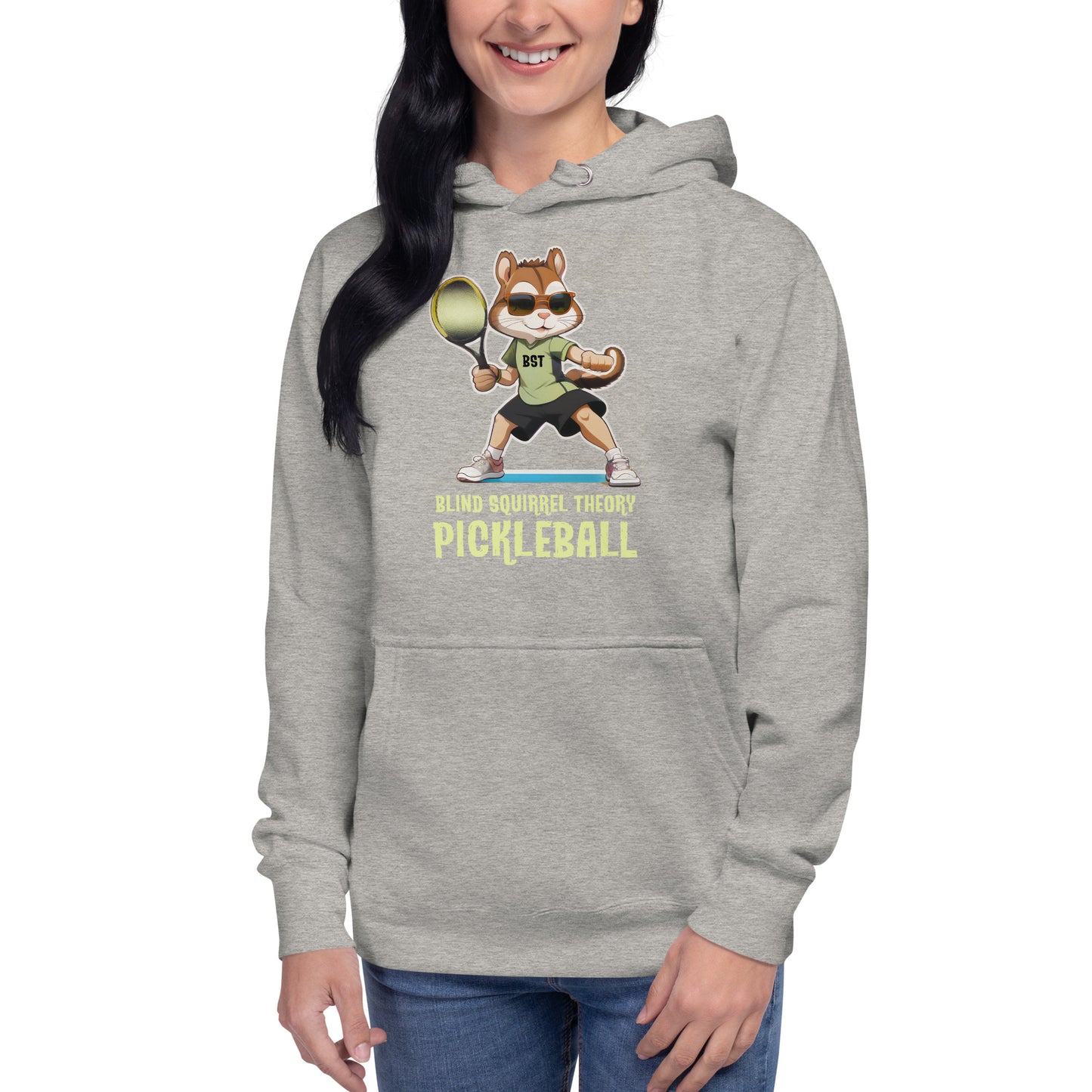 Carbon Grey Unisex Premium Hoodie with Blind Squirrel Theory Pickleball Logo on Front