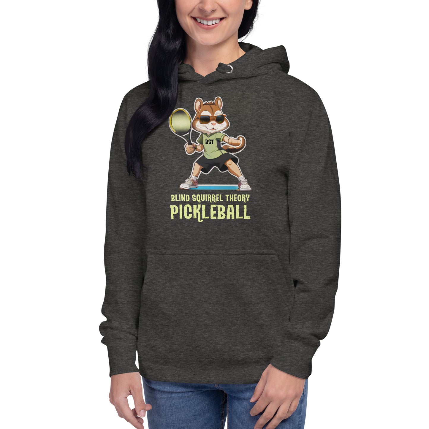 Charcoal Heather Unisex Premium Hoodie with Blind Squirrel Theory Pickleball Logo on Front