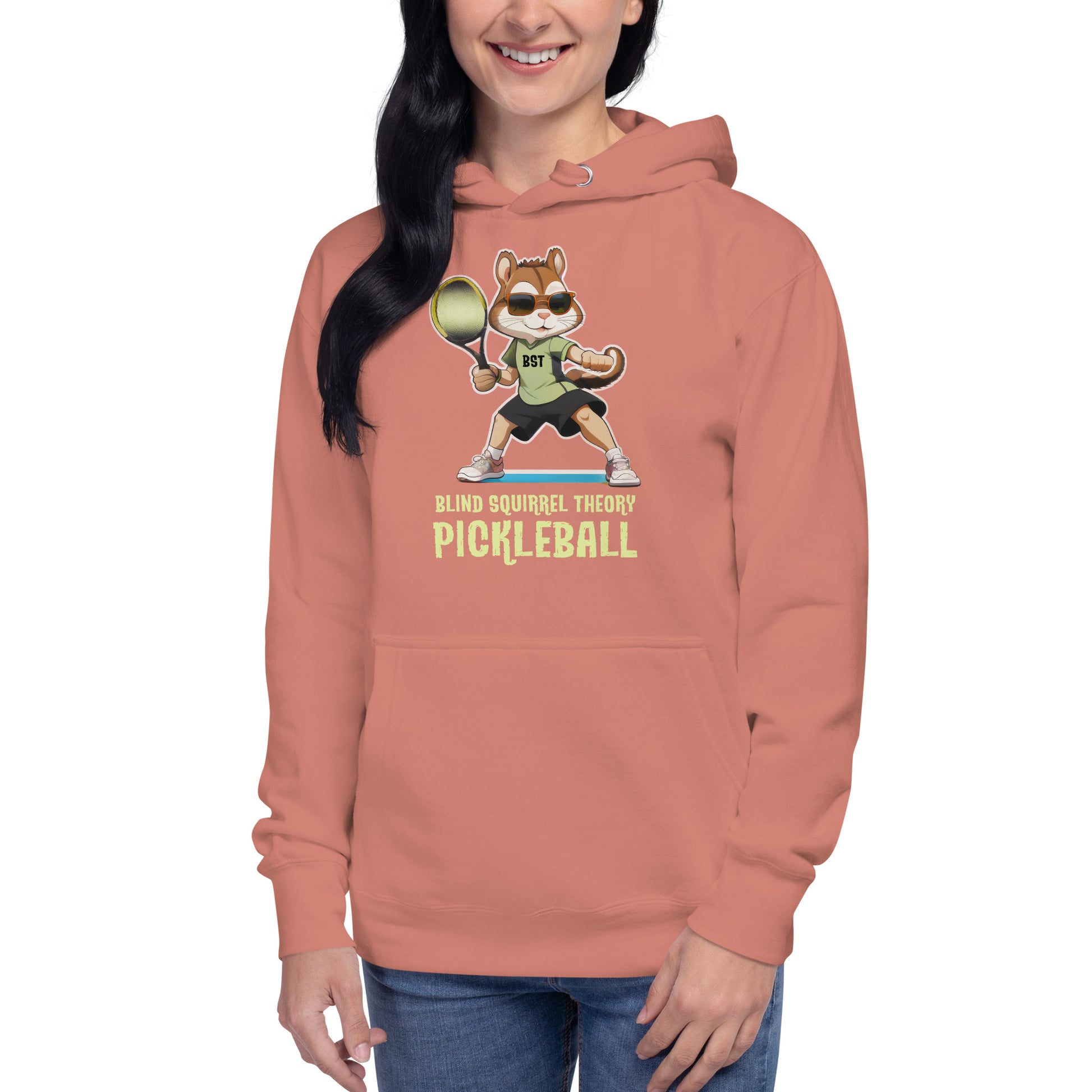 Dusty Rose Unisex Premium Hoodie with Blind Squirrel Theory Pickleball Logo on Front