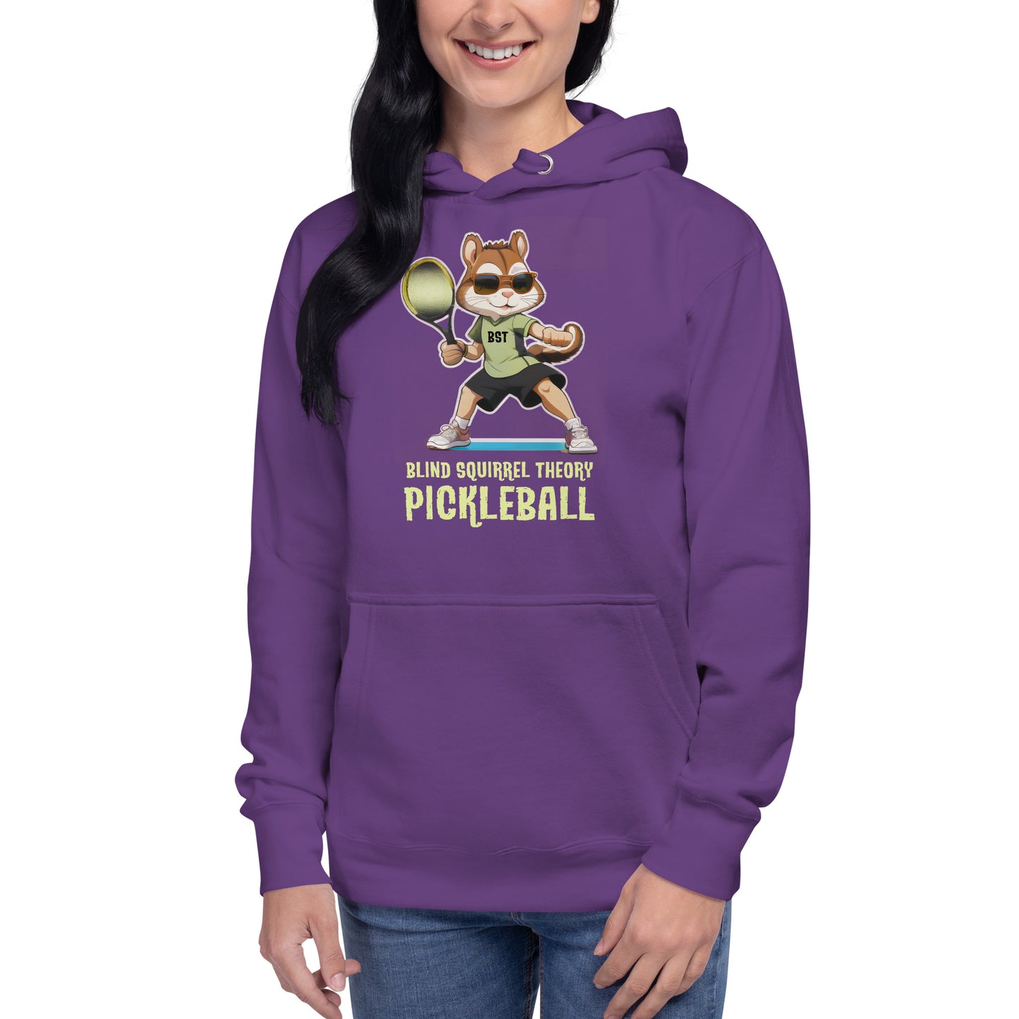 Purple Unisex Premium Hoodie with Blind Squirrel Theory Pickleball Logo on Front