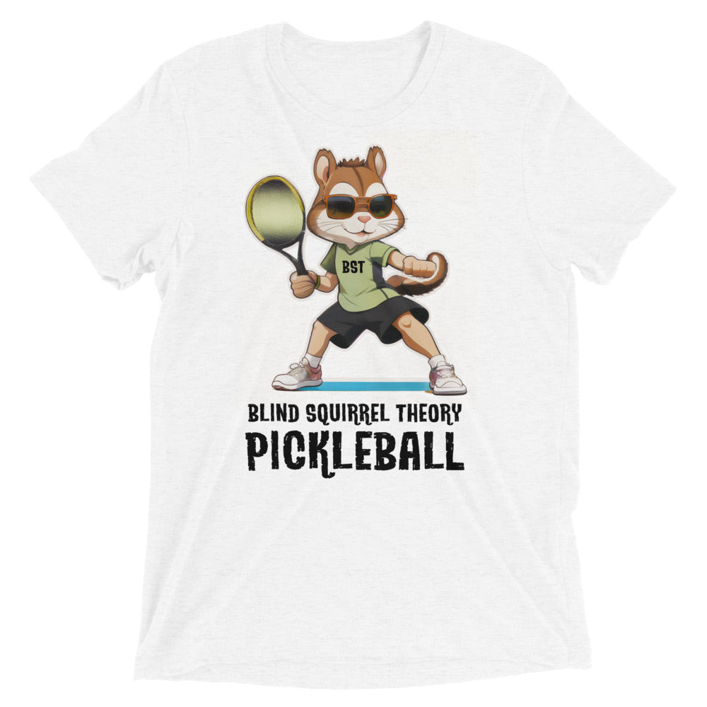 White Unisex Triblend T-Shirt with Blind Squirrel Theory Pickleball Logo on Front