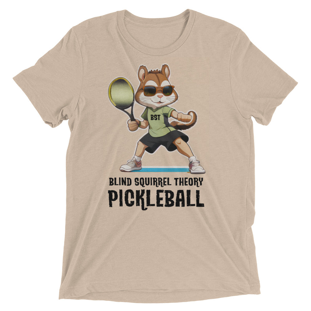 Tan Unisex Triblend T-Shirt with Blind Squirrel Theory Pickleball Logo on Front