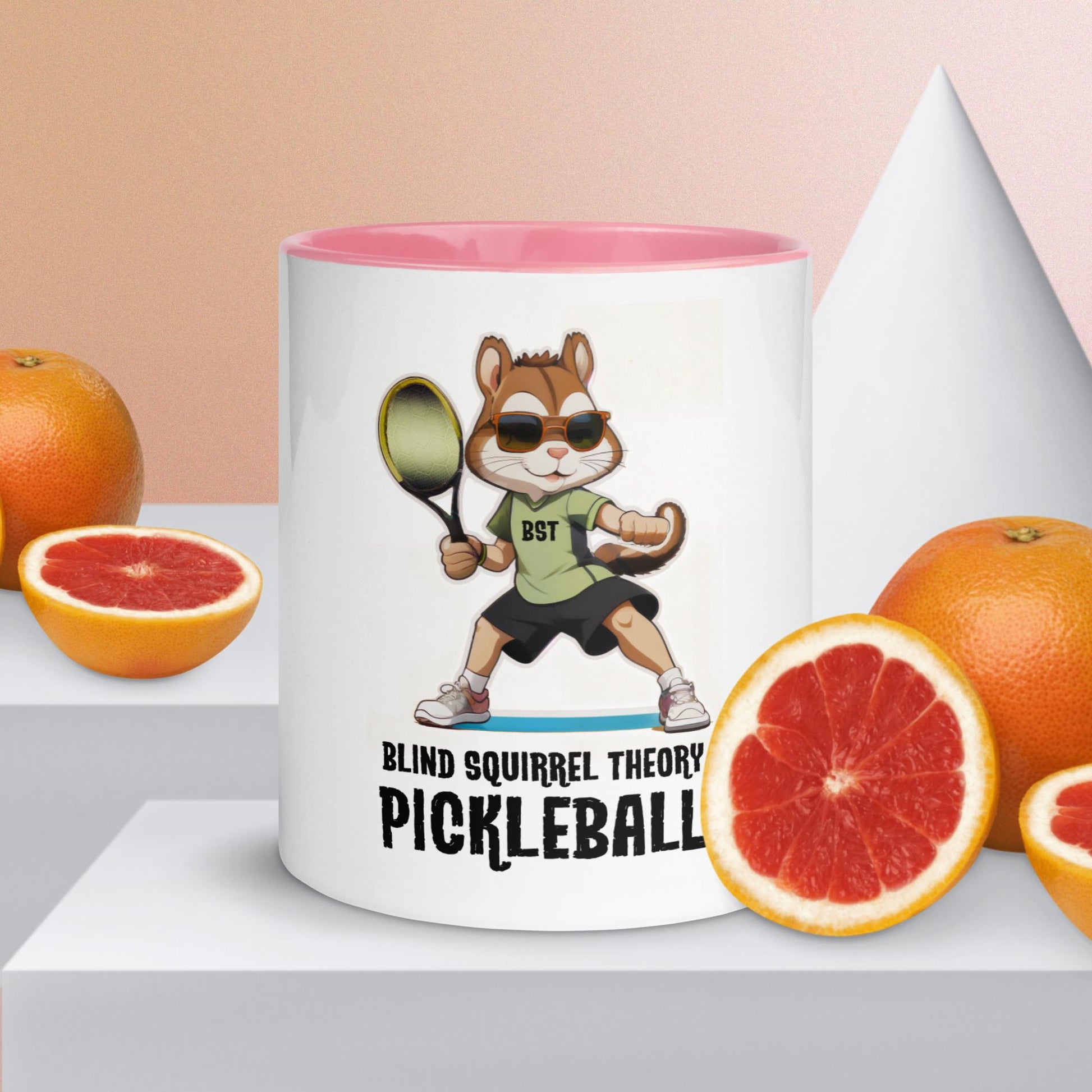 White Coffee Mug with Blind Squirrel Theory Pickleball Logo Pink Inside