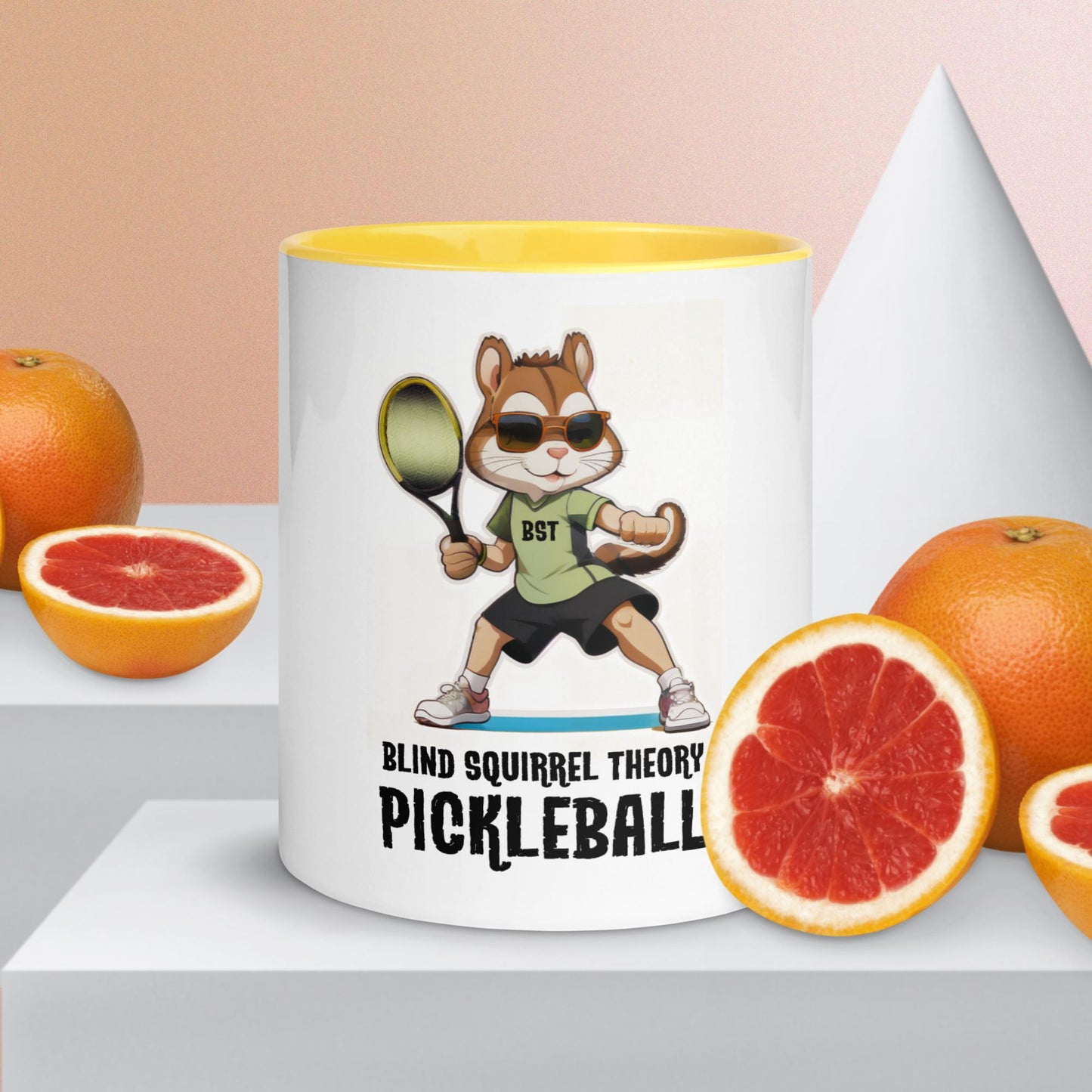 White Coffee Mug with Blind Squirrel Theory Pickleball Logo Yellow inside