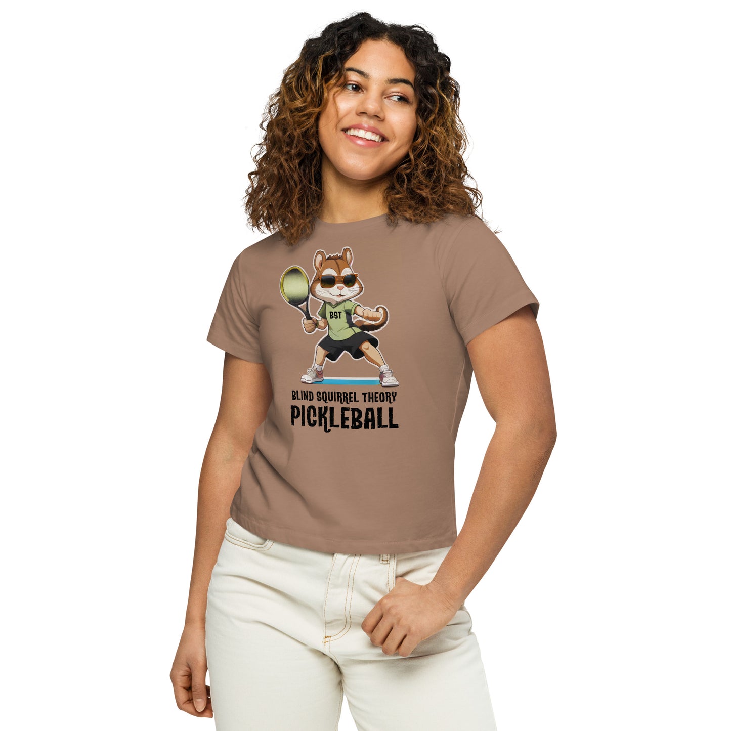 Latte Women's High Waisted T-Shirt with Blind Squirrel Theory Pickleball Logo on Front