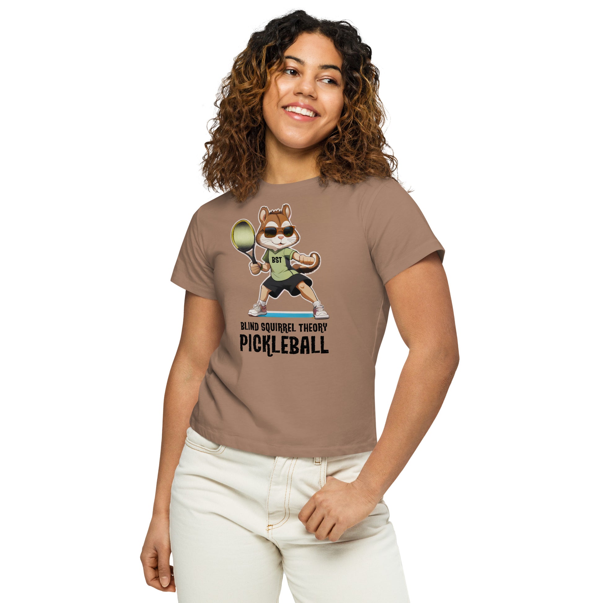 Latte Women's High Waisted T-Shirt with Blind Squirrel Theory Pickleball Logo on Front