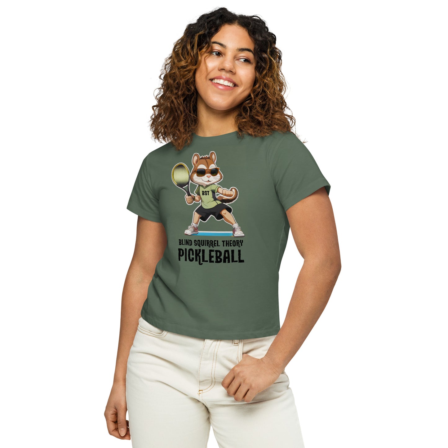 Pine Women's High Waisted T-Shirt with Blind Squirrel Theory Pickleball Logo on Front