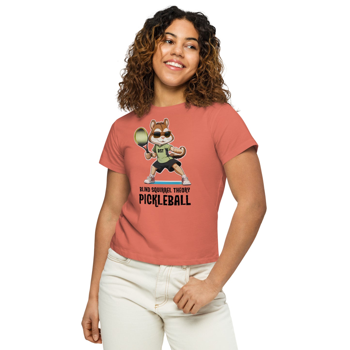 Red Sorbet Women's High Waisted T-Shirt with Blind Squirrel Theory Pickleball Logo on Front