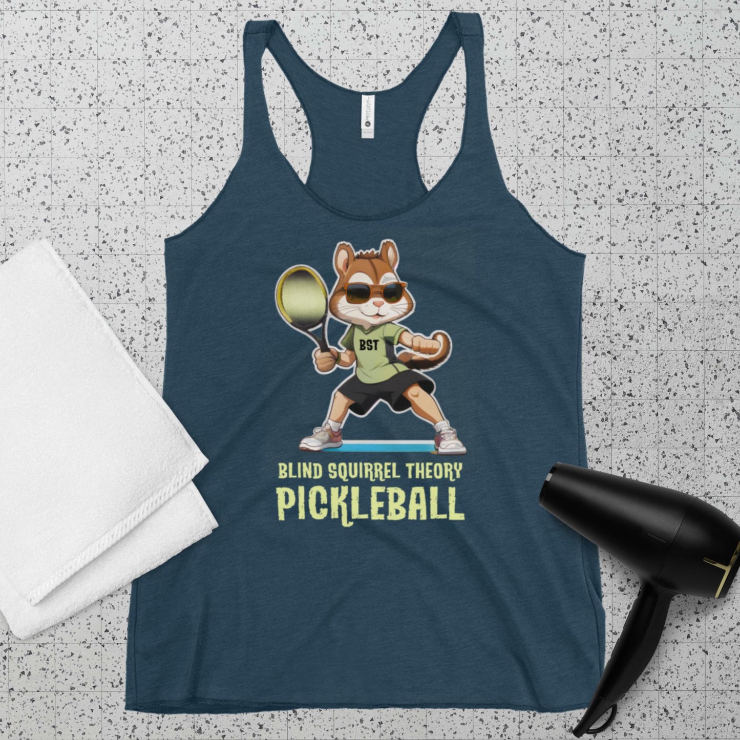 Indigo Women's Racerback Tank Top Premium with Blind Squirrel Theory Pickleball Logo on Front