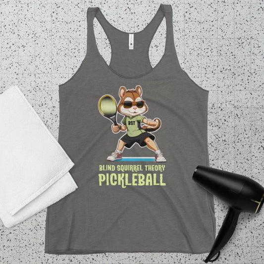 Heather Women's Racerback Tank Top Premium with Blind Squirrel Theory Pickleball Logo on Front