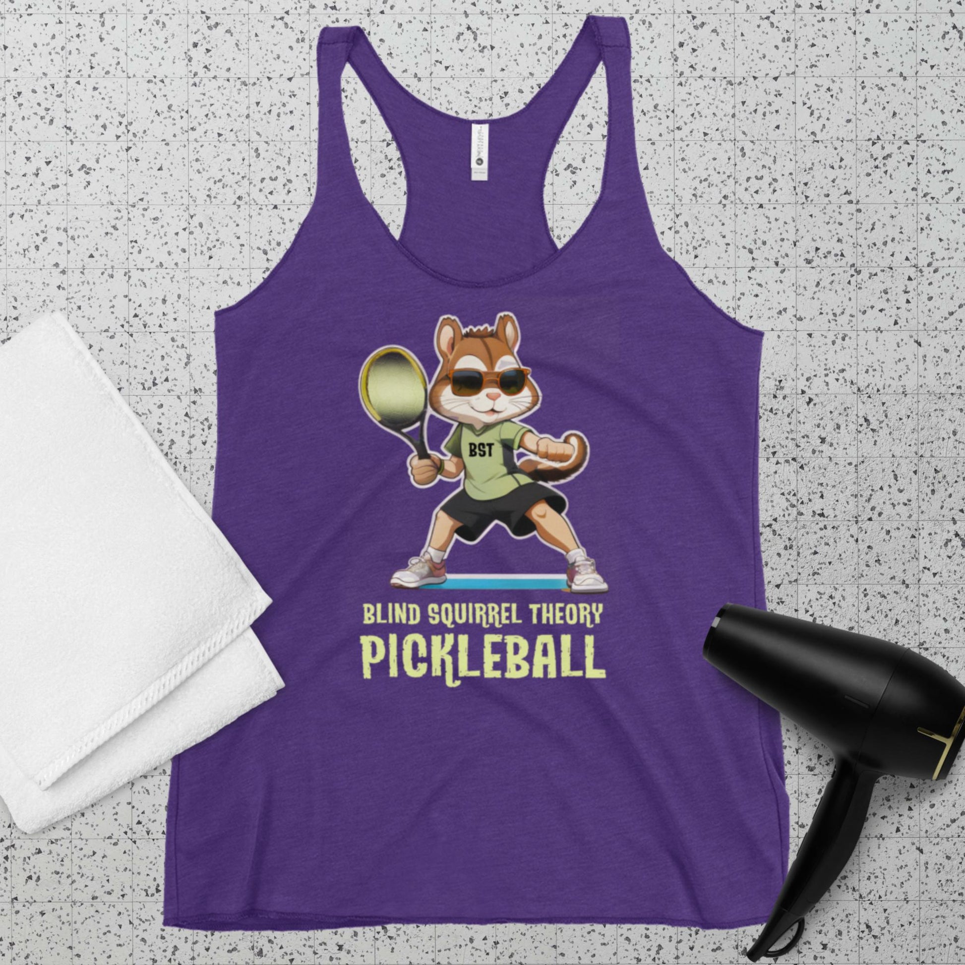 Purple Women's Racerback Tank Top Premium with Blind Squirrel Theory Pickleball Logo on Front