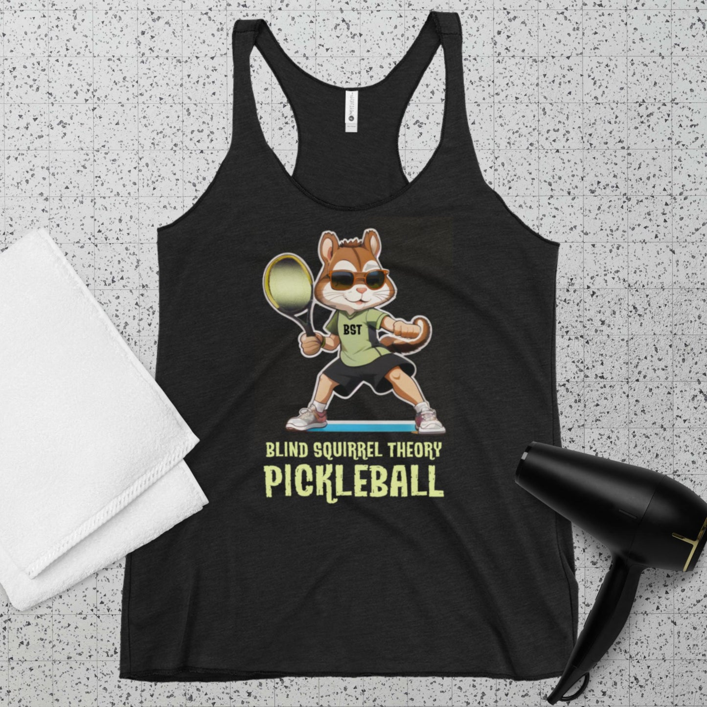 Vintage Black Women's Racerback Tank Top Premium with Blind Squirrel Theory Pickleball Logo on Front