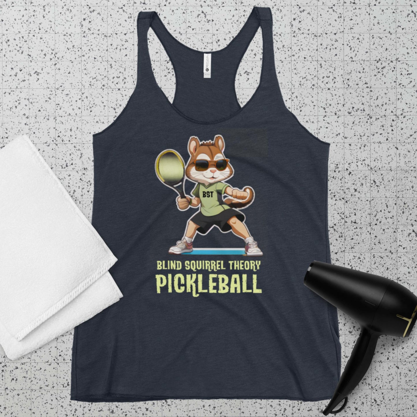 Vintage Navy Women's Racerback Tank Top Premium with Blind Squirrel Theory Pickleball Logo on Front