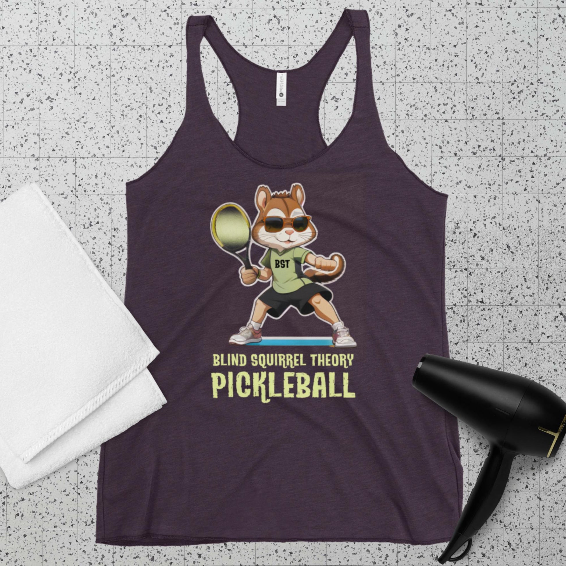 Vintage Purple Women's Racerback Tank Top Premium with Blind Squirrel Theory Pickleball Logo on Front