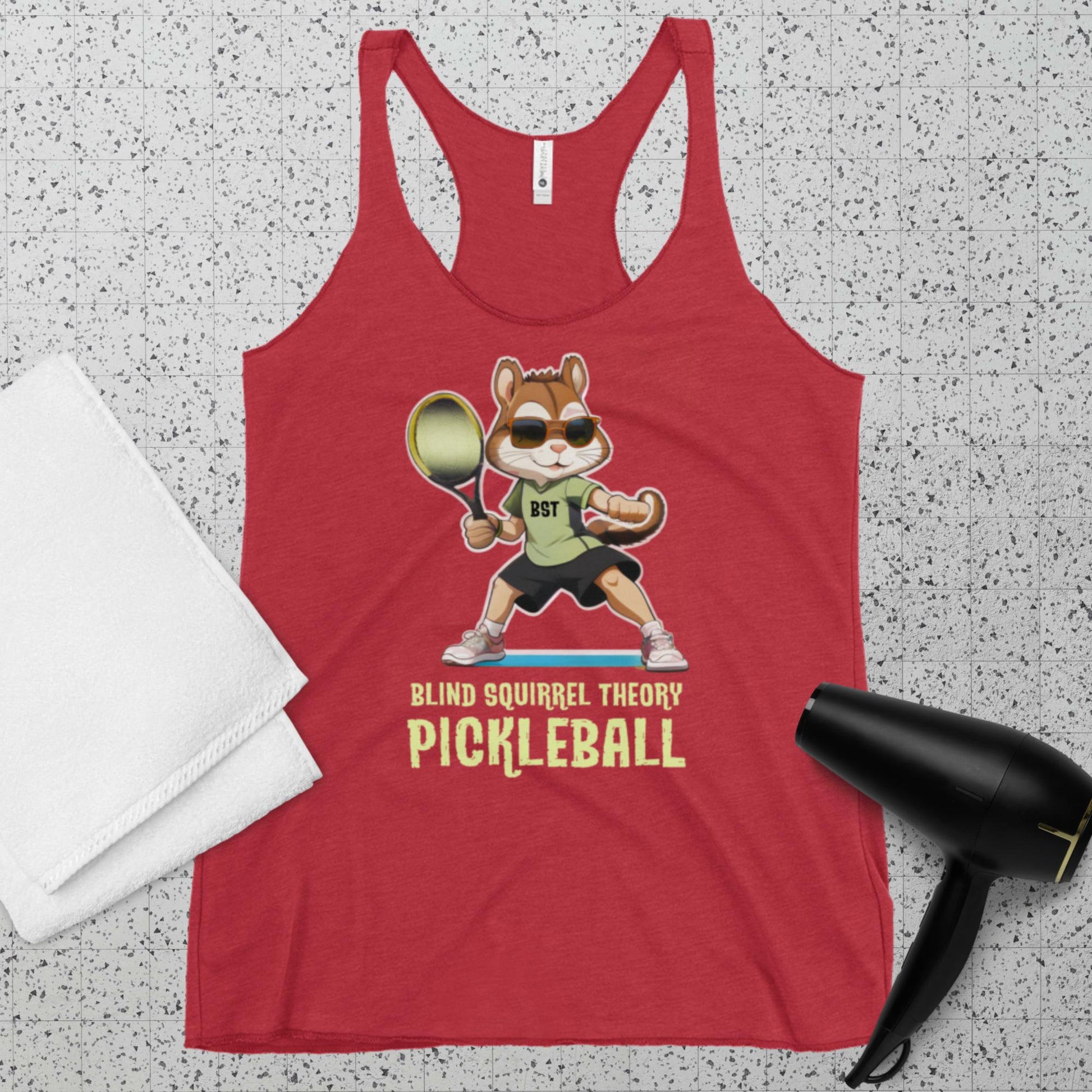 Vintage Red Women's Racerback Tank Top Premium with Blind Squirrel Theory Pickleball Logo on Front