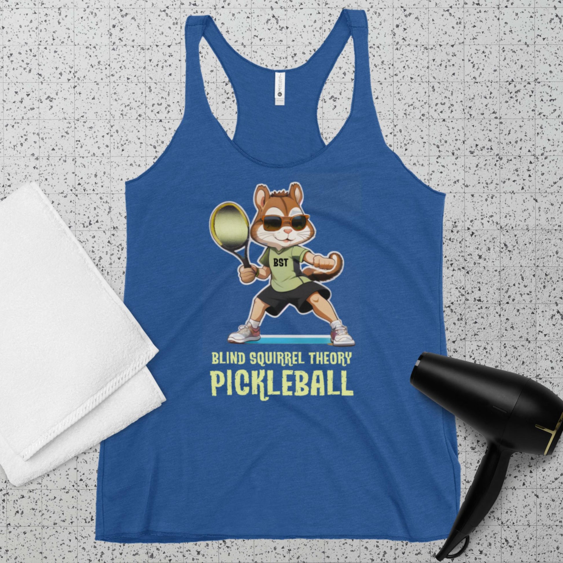 Vintage Royal Women's Racerback Tank Top Premium with Blind Squirrel Theory Pickleball Logo on Front