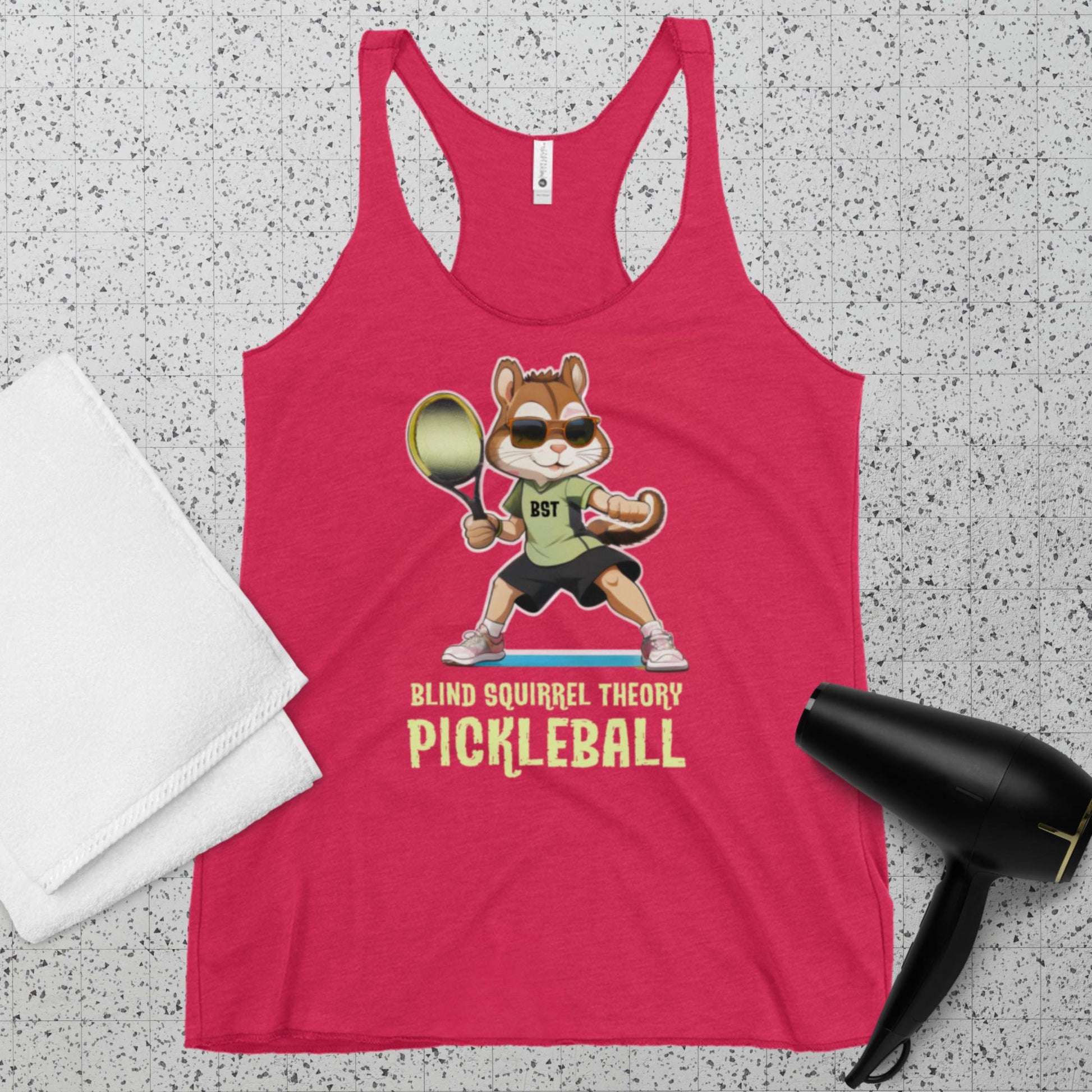 Vintage Shocking Pink Women's Racerback Tank Top Premium with Blind Squirrel Theory Pickleball Logo on Front