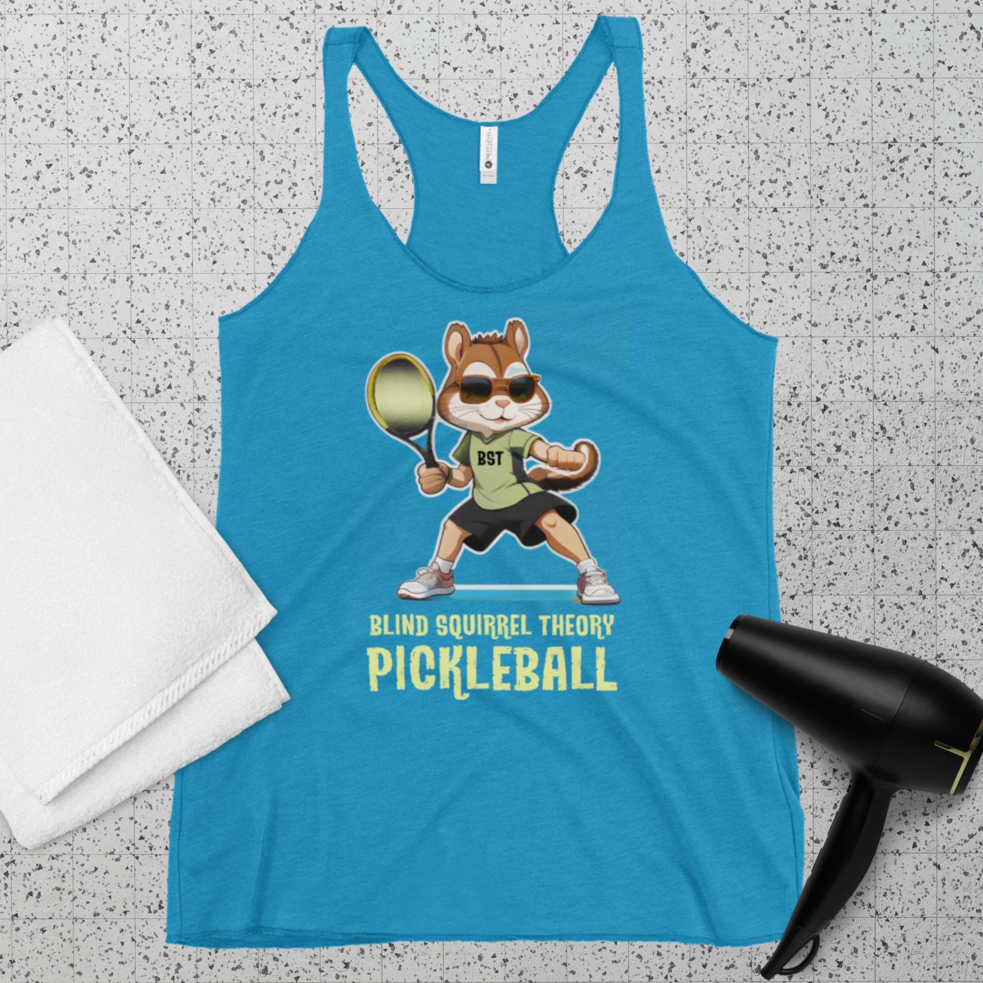 Vintage Turquoise Women's Racerback Tank Top Premium with Blind Squirrel Theory Pickleball Logo on Front