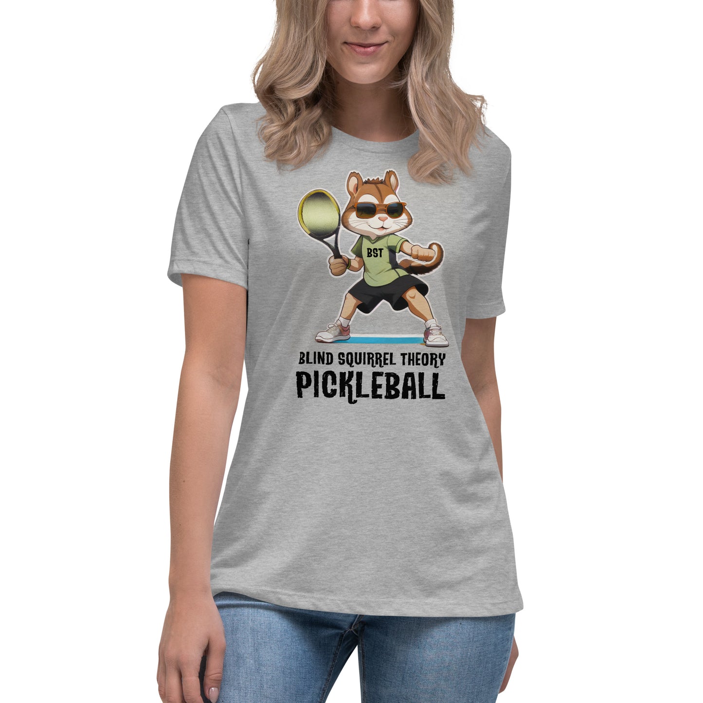 Athletic Heather Women's Relaxed T-Shirt with Blind Squirrel Theory Pickleball Logo on Front