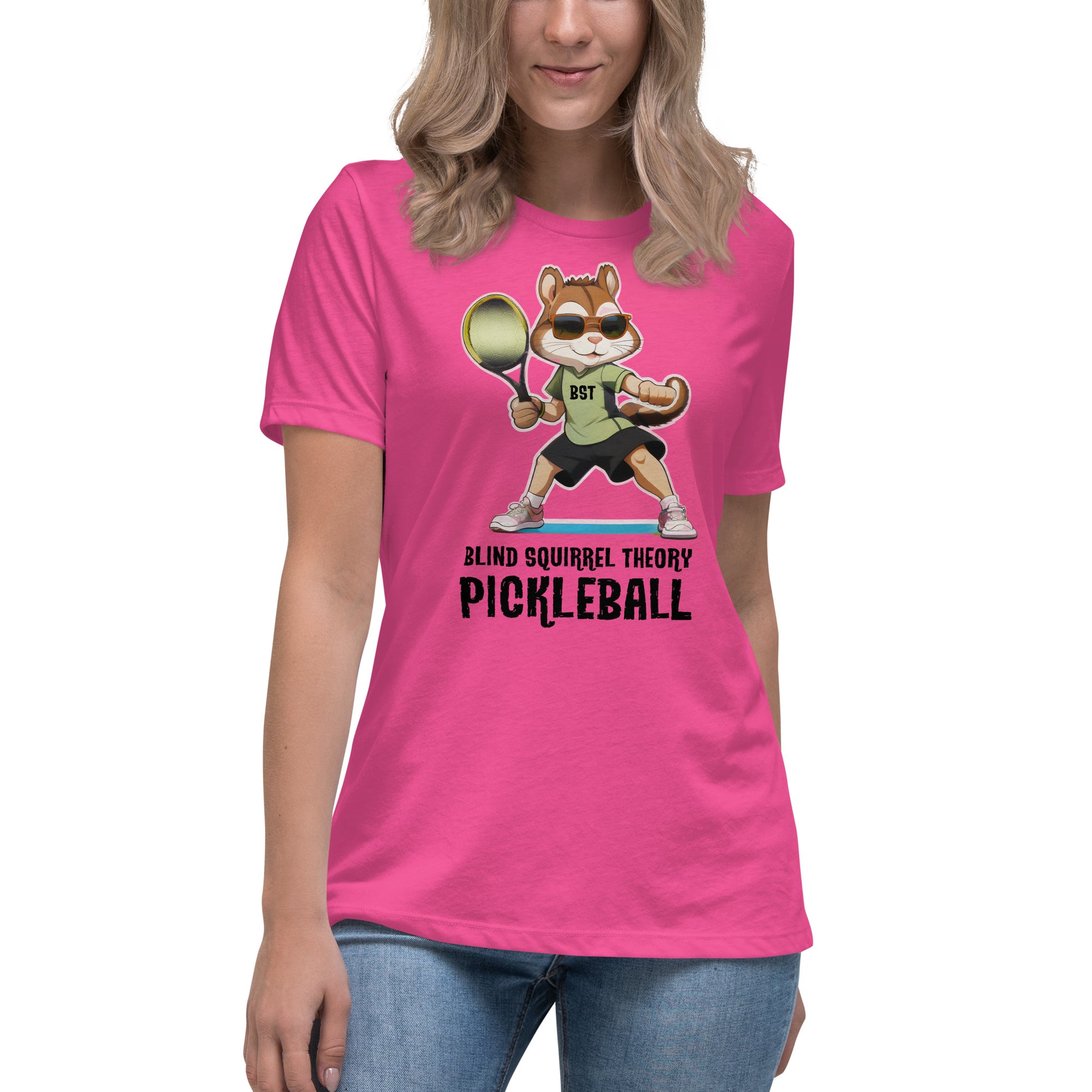 Berry Women's Relaxed T-Shirt with Blind Squirrel Theory Pickleball Logo on Front