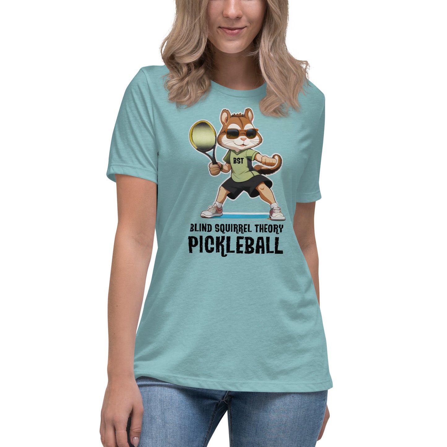 Heather Blue Women's Relaxed T-Shirt with Blind Squirrel Theory Pickleball Logo on Front