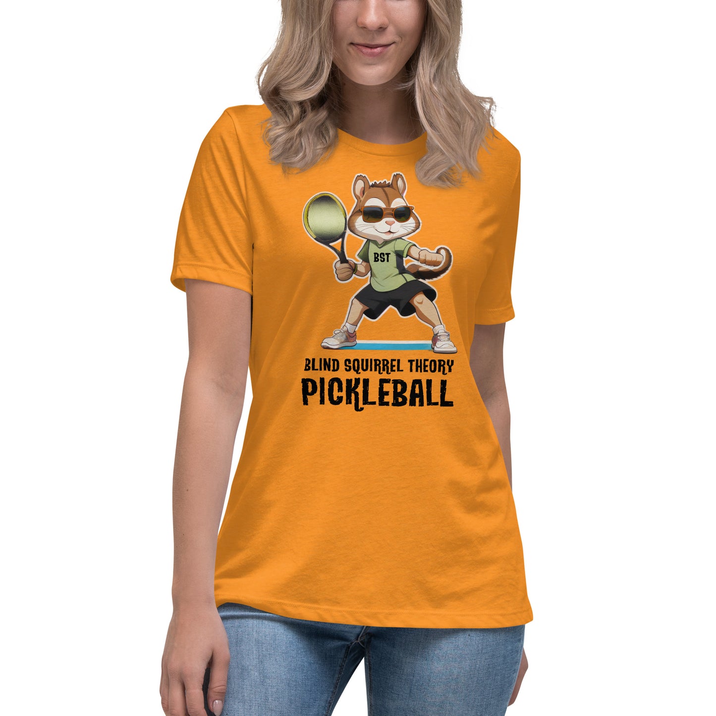 Heather Marmalade Women's Relaxed T-Shirt with Blind Squirrel Theory Pickleball Logo on Front