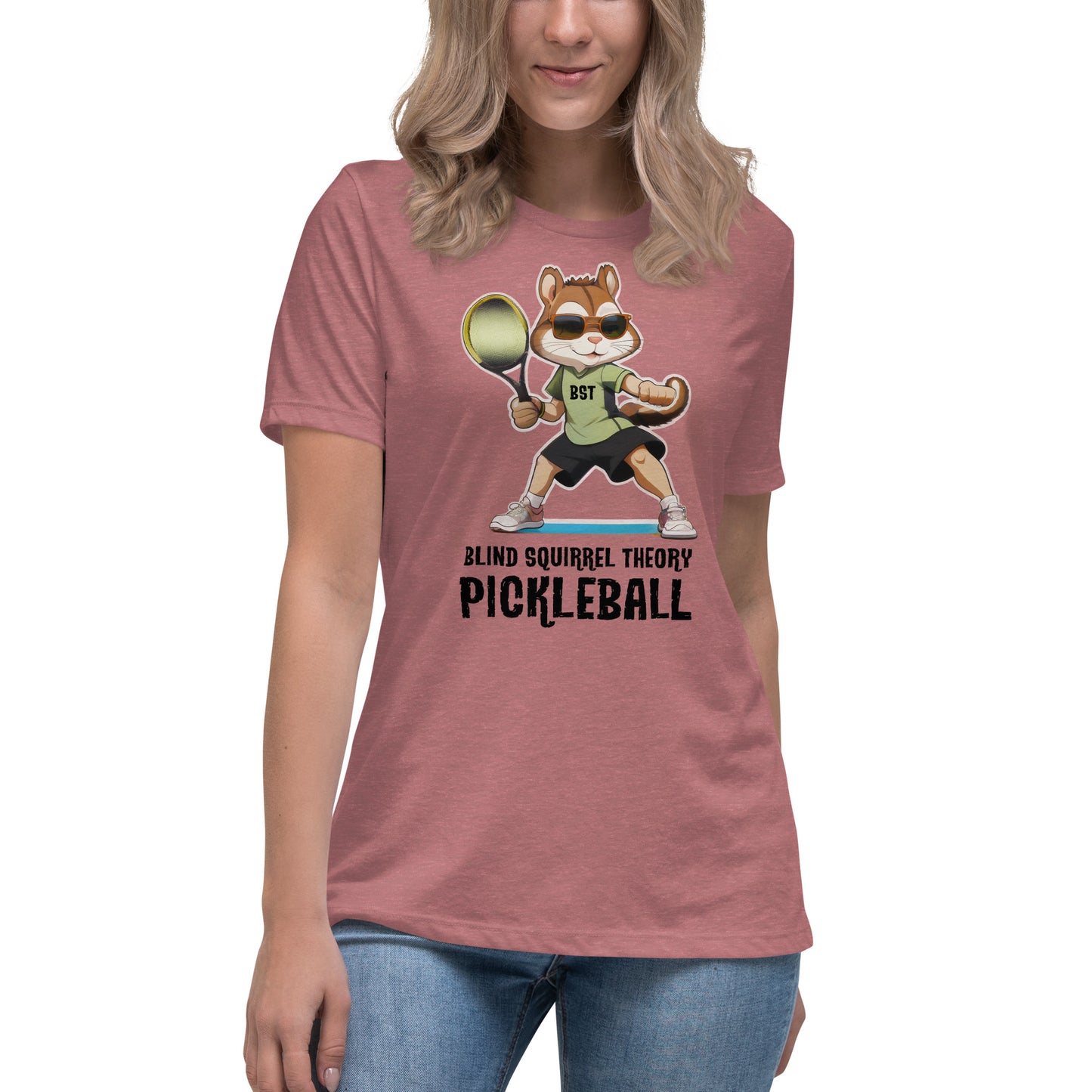 Heather Mauve Women's Relaxed T-Shirt with Blind Squirrel Theory Pickleball Logo on Front