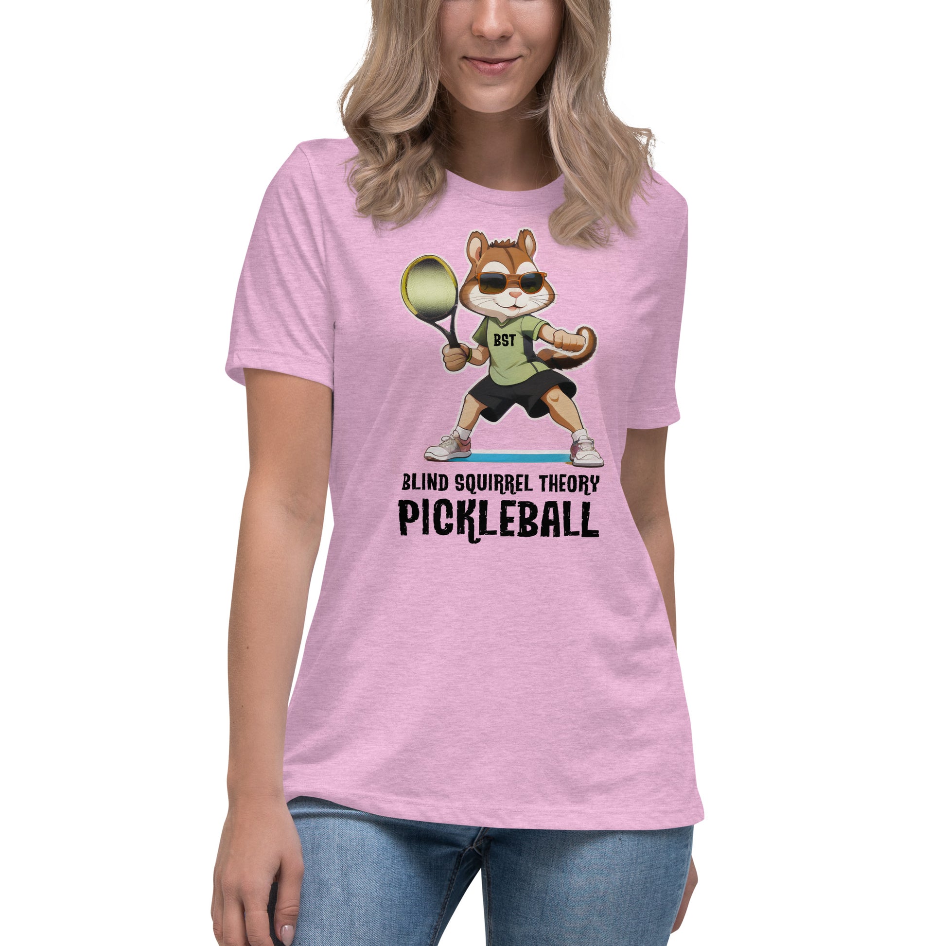 Heather Prism Lilac Women's Relaxed T-Shirt with Blind Squirrel Theory Pickleball Logo on Front