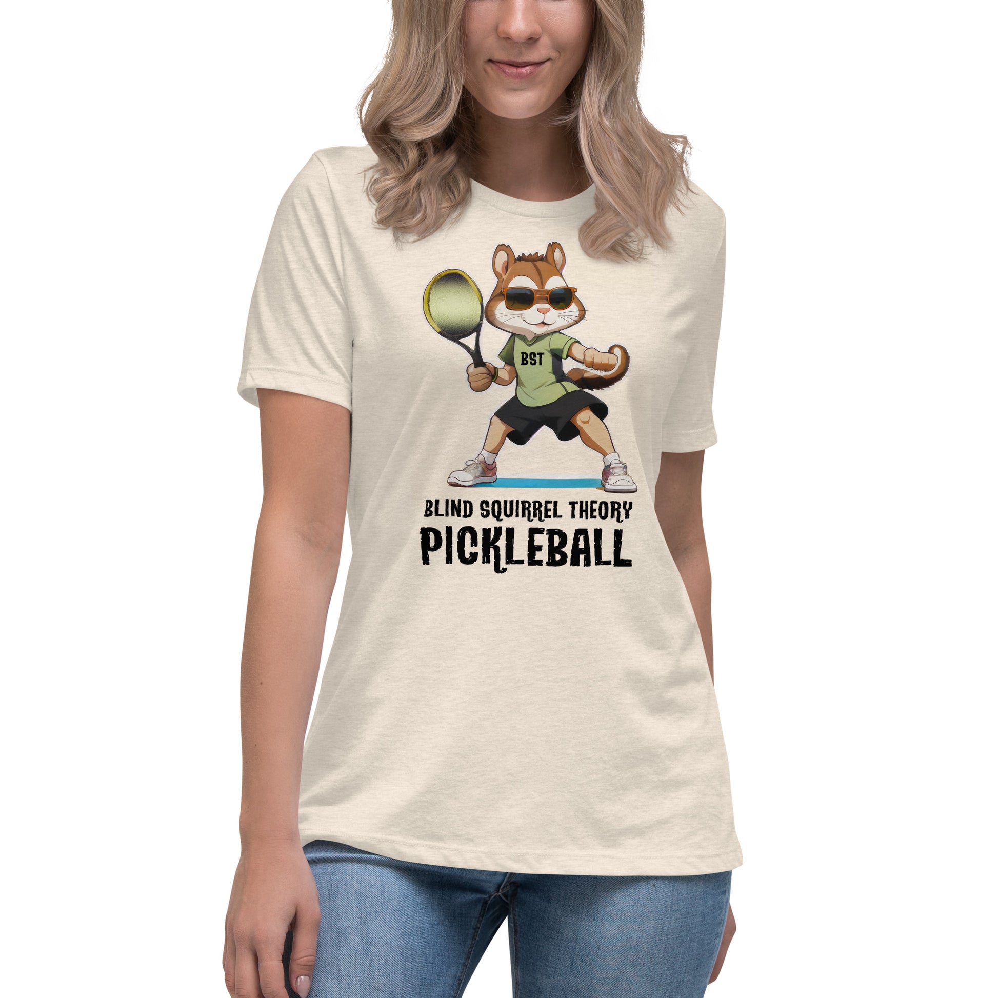 Heather Prism Natural Women's Relaxed T-Shirt with Blind Squirrel Theory Pickleball Logo on Front