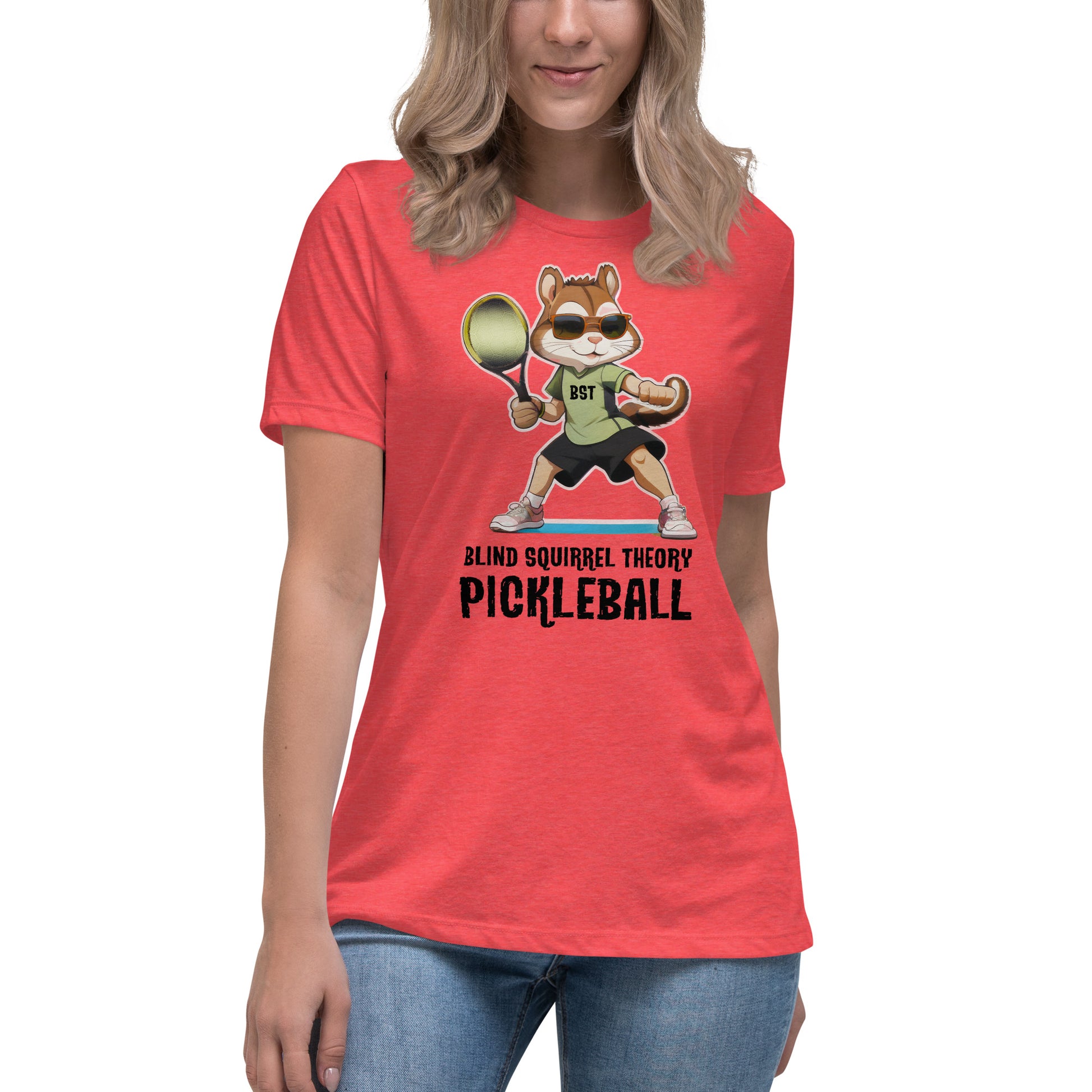 Heather Women's Relaxed T-Shirt with Blind Squirrel Theory Pickleball Logo on Front