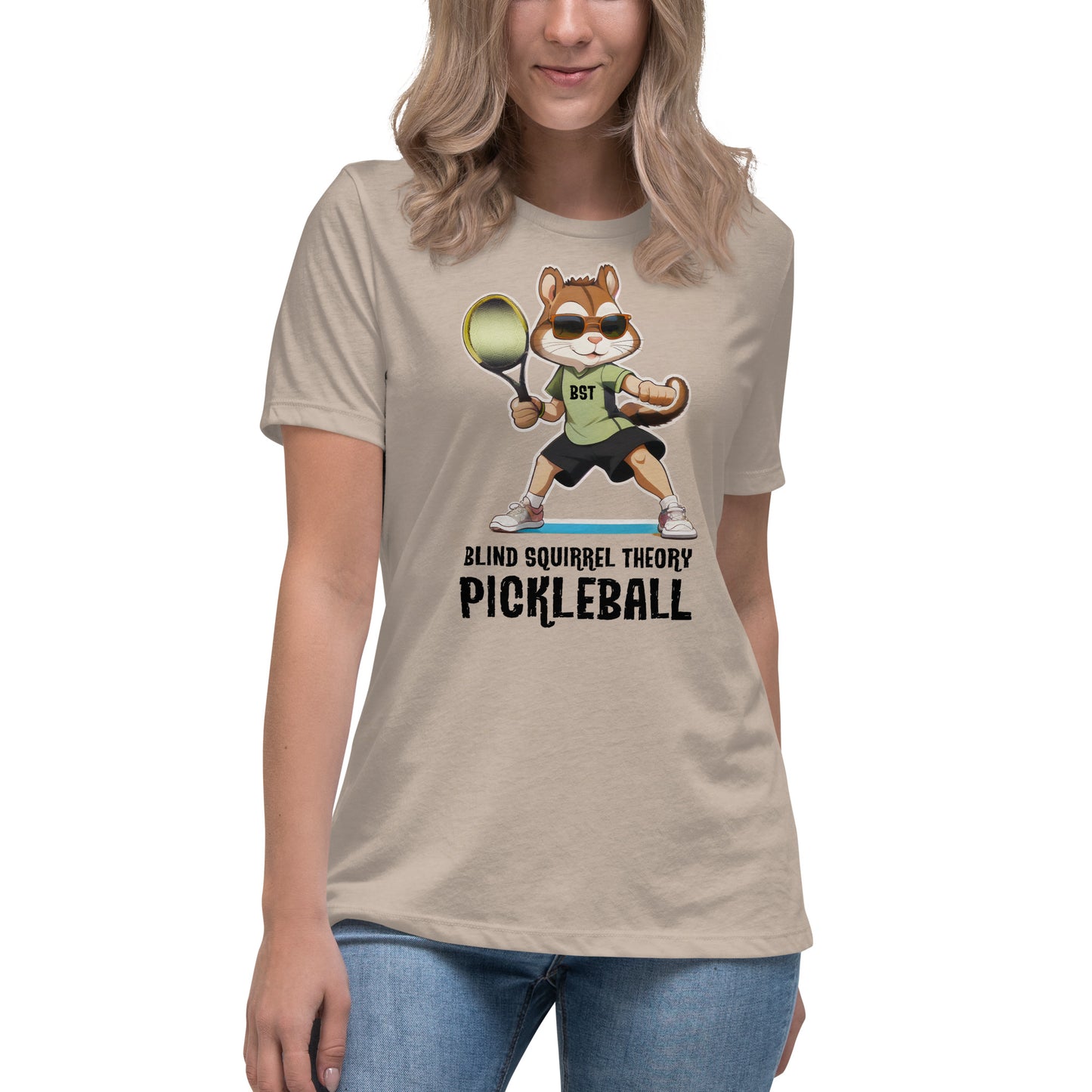 Heather Stone Women's Relaxed T-Shirt with Blind Squirrel Theory Pickleball Logo on Front