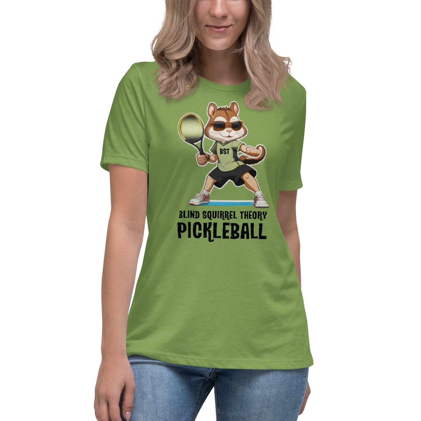 Leaf Green Women's Relaxed T-Shirt with Blind Squirrel Theory Pickleball Logo on Front