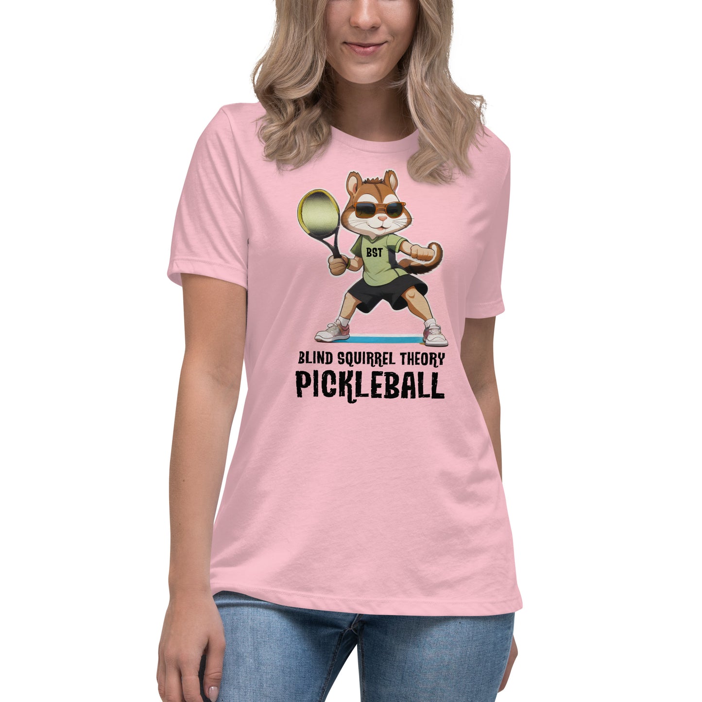 Pink Women's Relaxed T-Shirt with Blind Squirrel Theory Pickleball Logo on Front