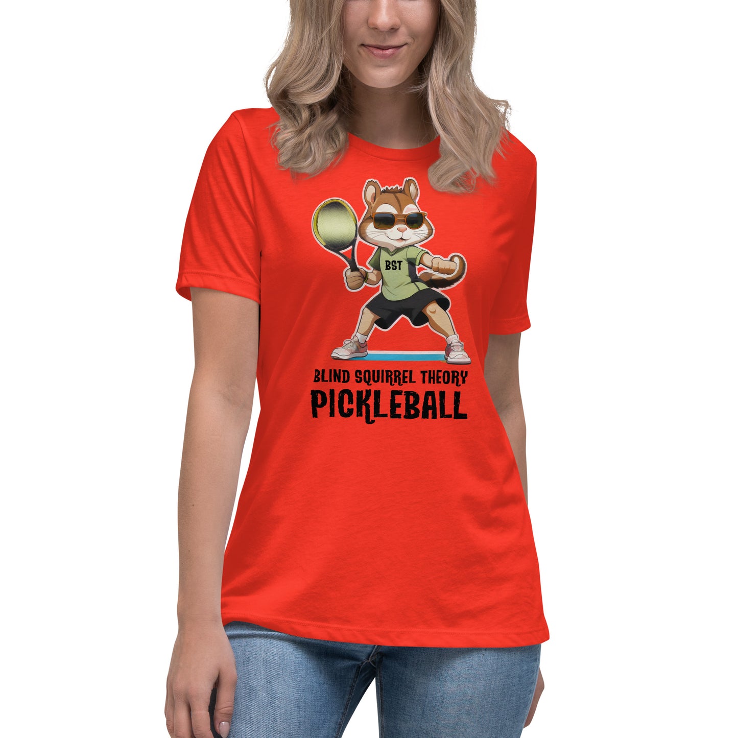 Poppy Women's Relaxed T-Shirt with Blind Squirrel Theory Pickleball Logo on Front