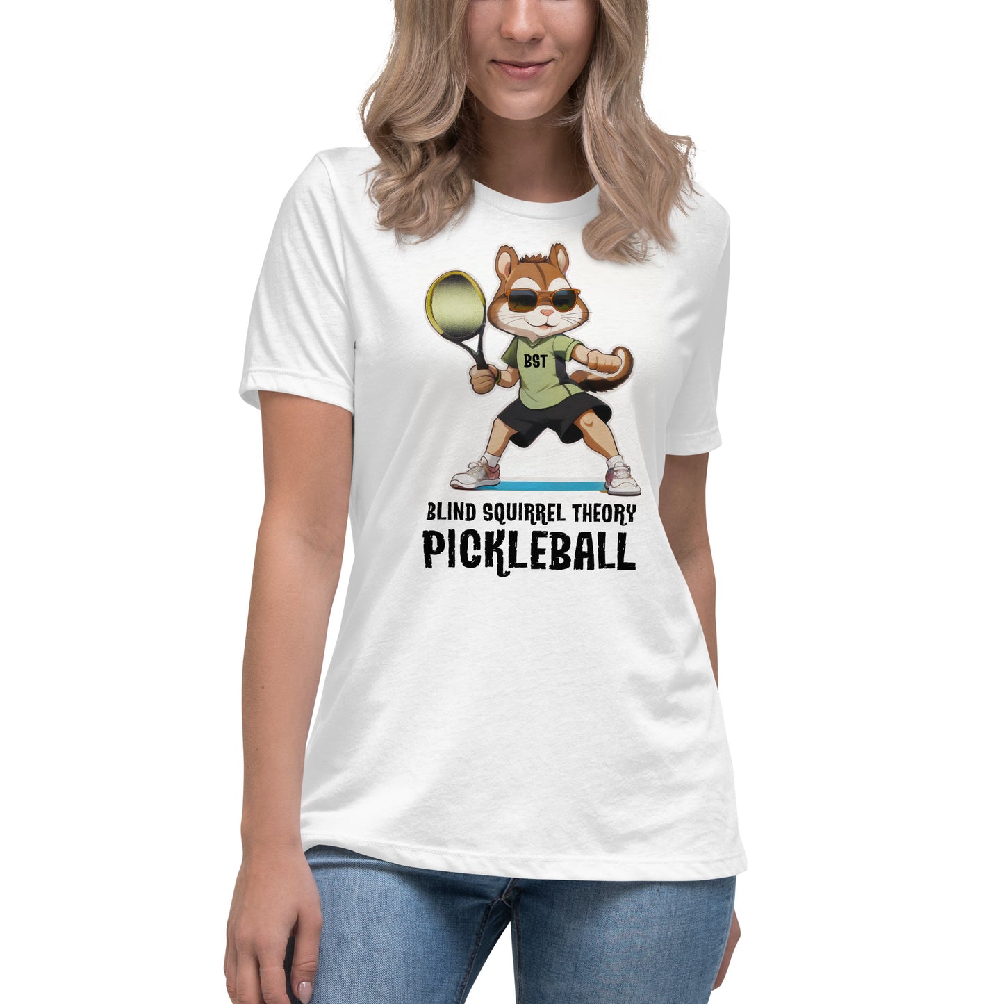 White Women's Relaxed T-Shirt with Blind Squirrel Theory Pickleball Logo on Front